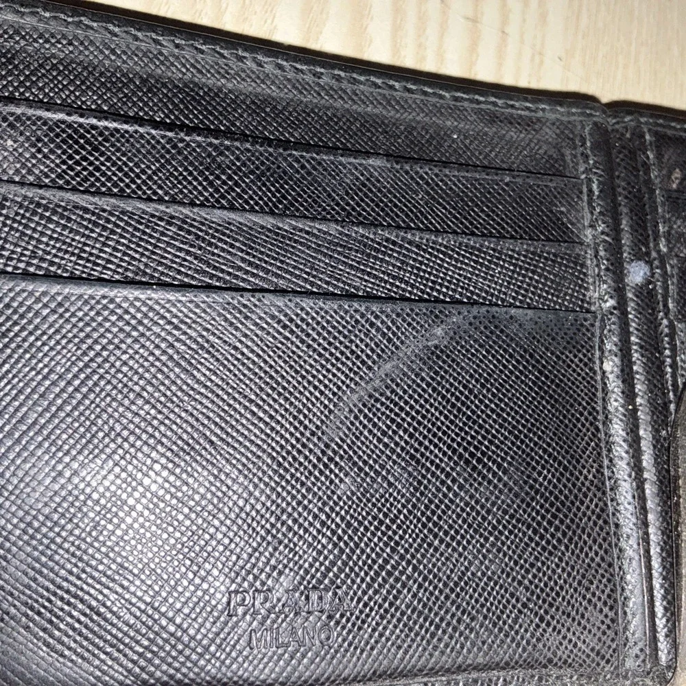 PRADA Saffiano Money Clip Bifold‎ Wallet Card Case Black Leather Authentic